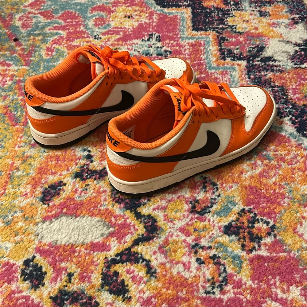 orange black and white nike dunks
